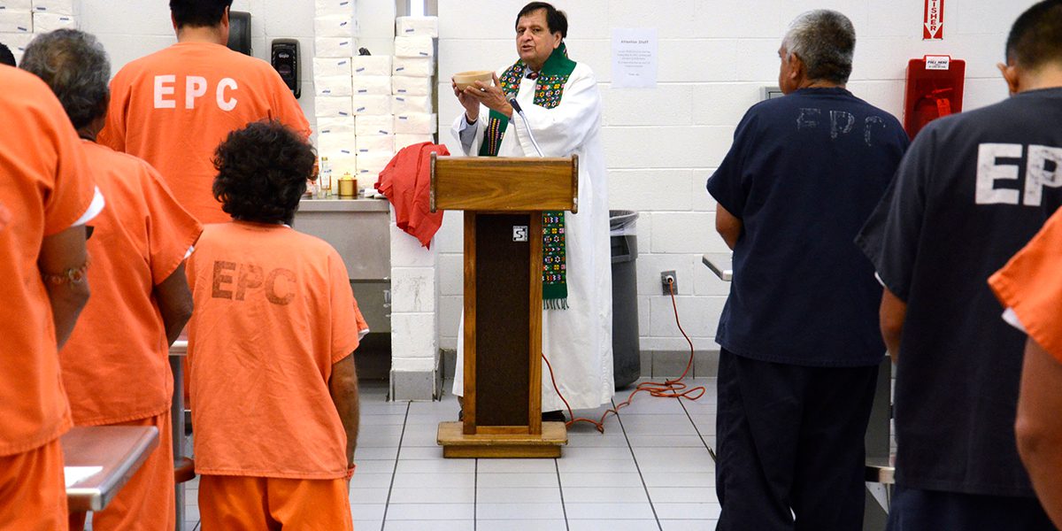 Fr Richard Sotelo SJ celebrates Mass for detainees at the Service Processing Centre for detained undocumented immigrants in El Paso, Texas.